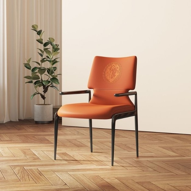 意式極簡風格 貓抓皮餐椅簡約休閒極簡碳素鋼餐扶手椅