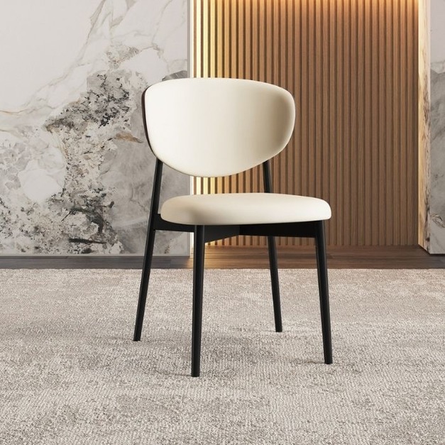 【羅伯卡特系列】極簡風無扶手軟包餐椅 簡約餐廳家用PU皮全實木腳餐椅