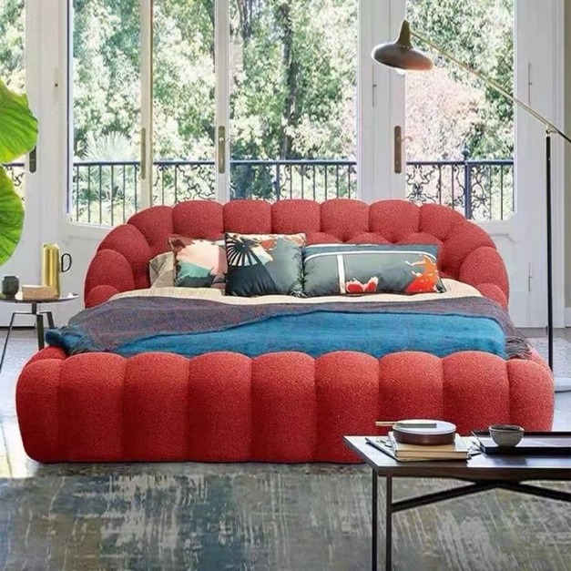 【NLOOK系列】設計師款-泡泡床 極簡羊絨布臥室雙人床（紅色）