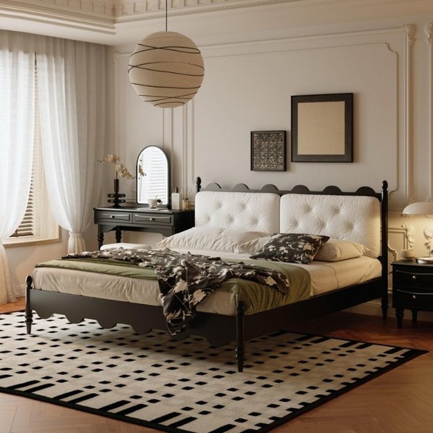 中古風系列 簡約泰迪絨軟包靠背雙人大床