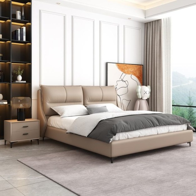 意式簡約家用臥室舒適軟包婚床極簡頭層真皮雙人床