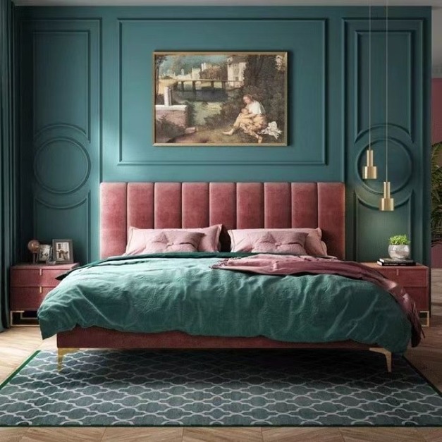 輕奢ins布藝雙人床 臥室絨布舒適床酒店輕奢軟靠大床【絨布豆沙粉】