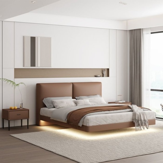 【摩登奢居系列】 極簡臥室模擬皮軟包懸浮帶燈帶齊邊雙人床