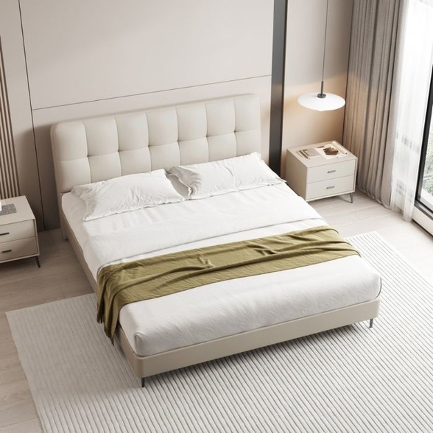 【摩登奢居系列】意式極簡 臥室頭層黃牛皮軟床雙人床齊邊床