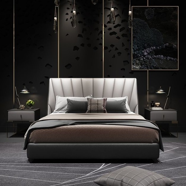 意式家用舒適真皮雙人床 時尚輕奢臥室床（真皮）