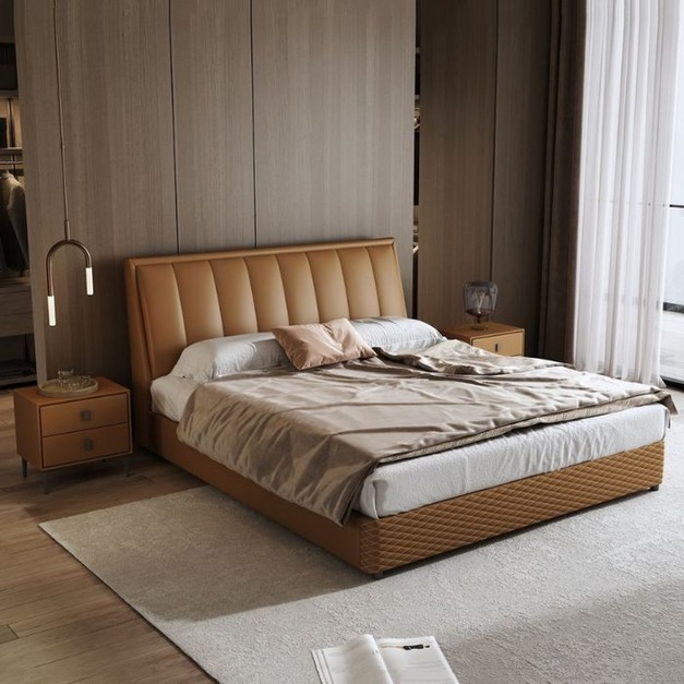 【萊典系列】極簡時尚頭層真皮軟包床臥室大氣齊邊床