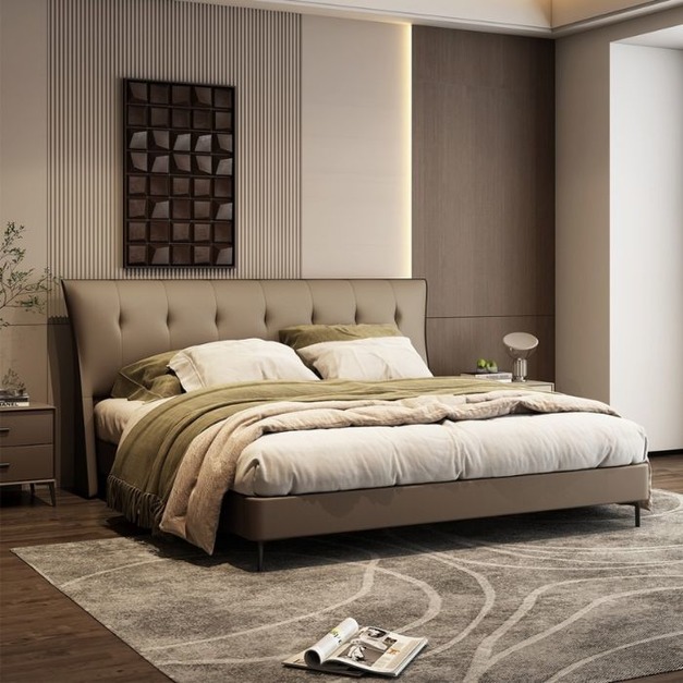【摩登奢居系列】意式極簡風格 簡約頭層黃牛皮軟包大床齊邊齊尾床