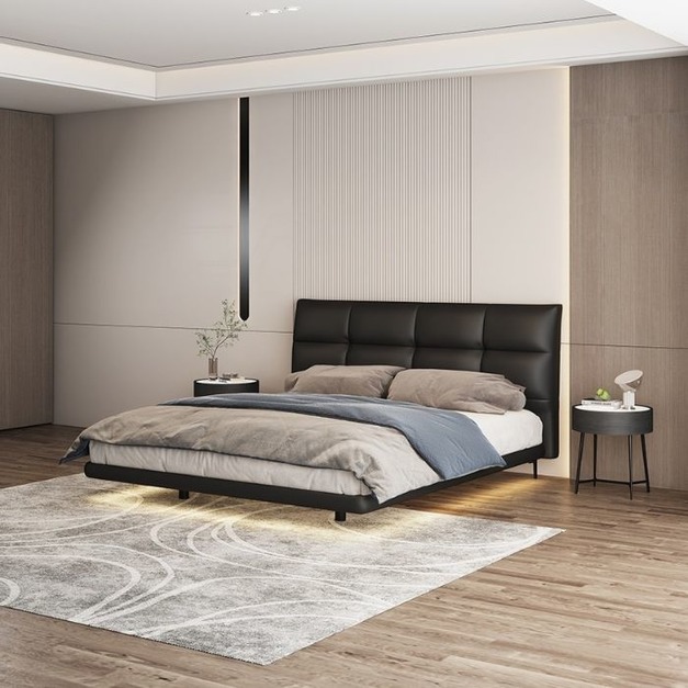 意式極簡輕奢婚床接觸面皮軟靠床現代簡約主臥雙人床  黑色懸浮床