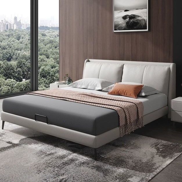 意式極簡雙人主卧時尚簡約高靠背軟床【模擬皮米白色】