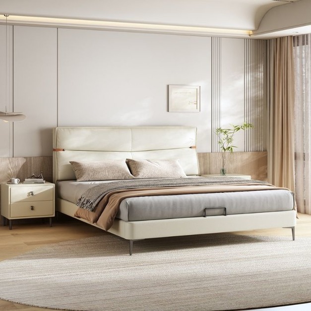 臻享家甄選【萊典系列】極簡風格頭層真皮軟靠家用雙人床 舒適簡約床