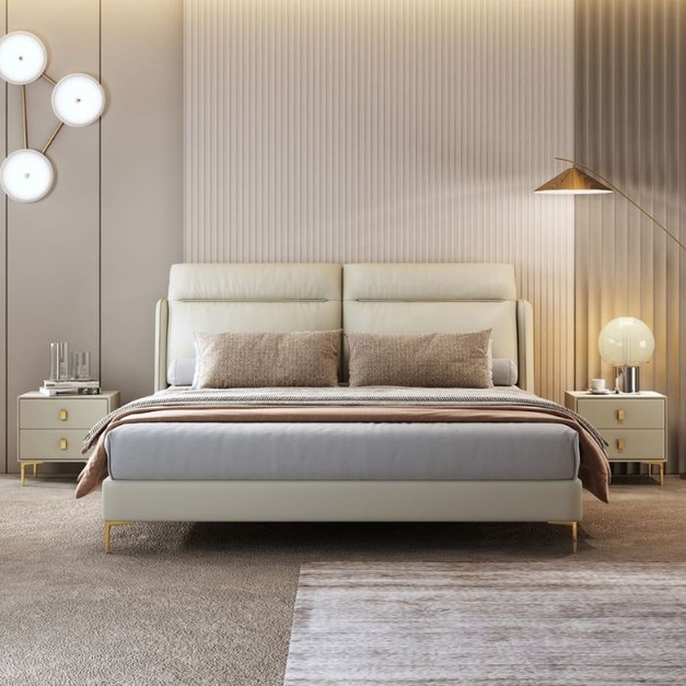 【萊典系列】意式輕奢舒適高靠背臥室床個性頭層真皮齊邊床