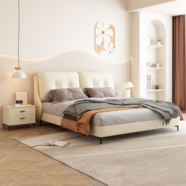 簡約真皮床臥室軟包床意式極簡奶油風