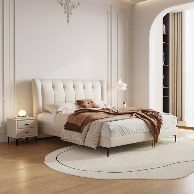 【心愛之家系列】頭層牛皮床系列 意式極簡主臥室真皮軟床齊邊床雙人床