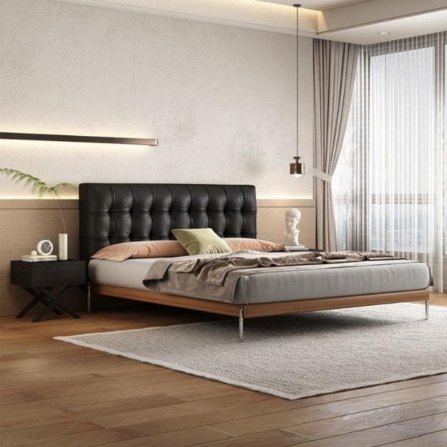 【米思婭系列】極簡風頭層真皮雙人床 主臥次卧簡約白蠟木床邊