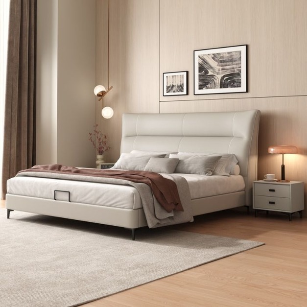 【哥斯圖系列】意式簡約大氣臥室雙人床齊邊床極簡舒適生態真皮軟包床