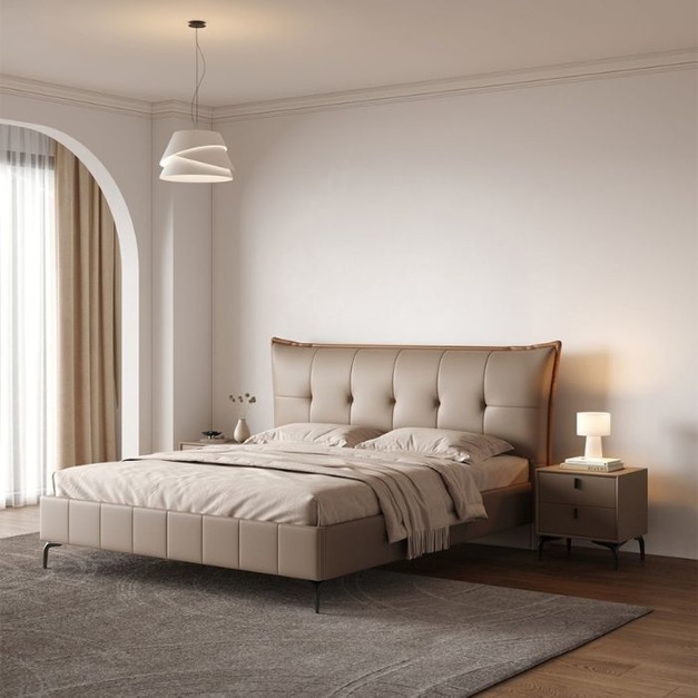 【心愛之家系列】意式極簡風格 臥室雙人床頭層真皮床