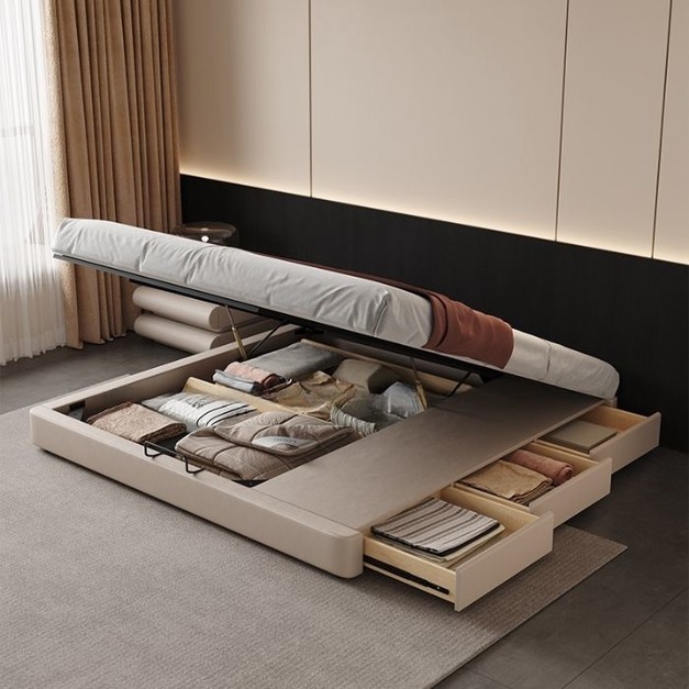【雲貝蓓系列】極簡風無床頭儲物床 臥室簡約皮藝帶抽屜高箱齊邊床