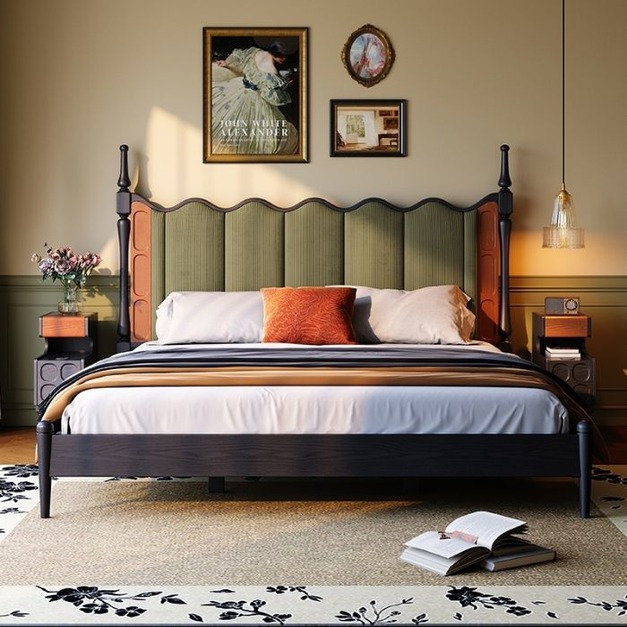 【原創法式中古】中古風系列海浪床 臥室白蠟木紋復古燈芯絨雙人床