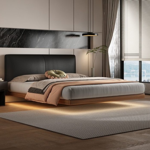 【米思婭系列】極簡風頭層真皮齊邊床 臥室簡約白蠟木床邊懸浮床