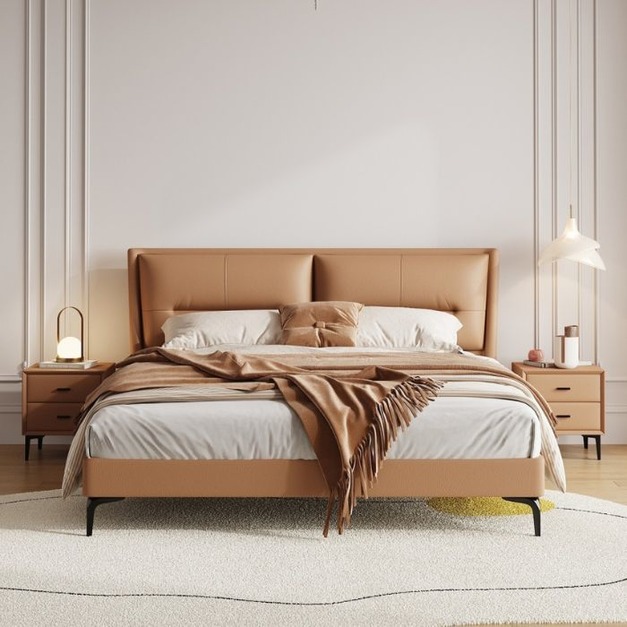 【心愛之家系列】頭層牛皮床系列 意式極簡主卧真皮軟床松木排骨架齊邊床