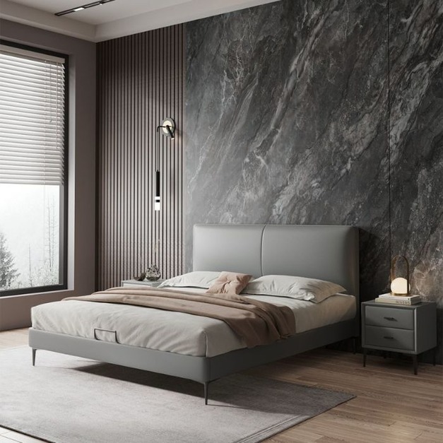 【萊典系列】極簡時尚頭層真皮軟包床臥室齊邊雙人床