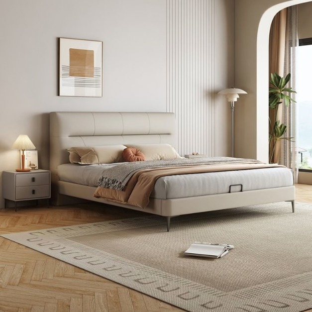 【萊典系列】意式極簡風 10分鋼木排骨架簡約頭層真皮齊邊床