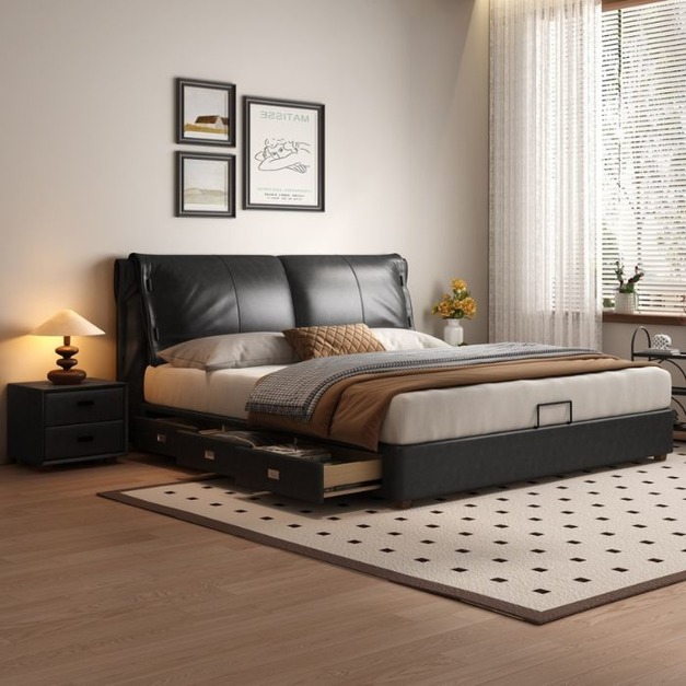 【哥斯圖系列】中古風系列 簡約復古油蠟皮軟包床臥室帶抽屜收納雙人床齊邊床