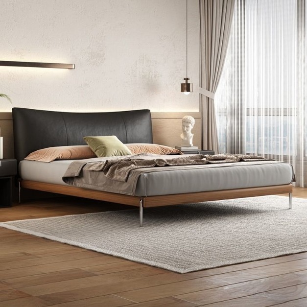 【米思婭系列】極簡風頭層真皮雙人床 臥室簡約白蠟木床邊大床