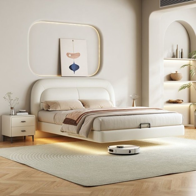 【萊典系列】意式極簡自動燈懸浮生態真皮大床簡約臥室齊邊床雙人床