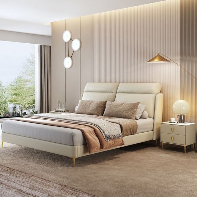 【萊典系列】意式輕奢舒適高靠背臥室床個性模擬皮齊邊床