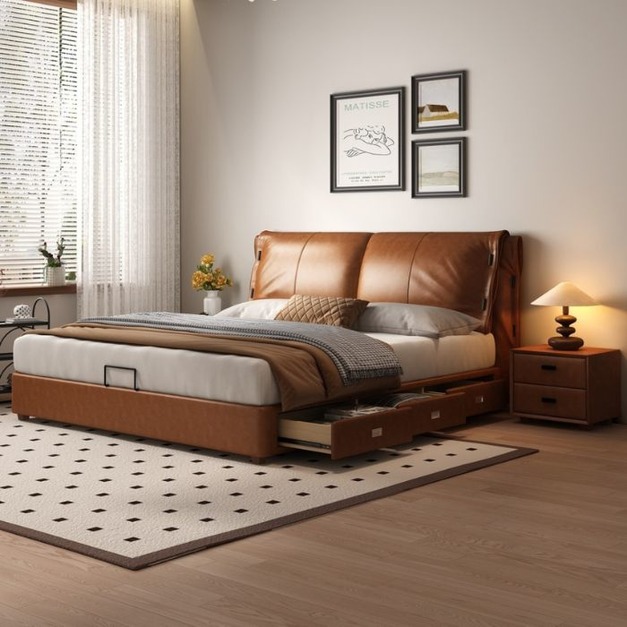 【哥斯圖系列】中古風系列 簡約復古油蠟皮軟包床臥室帶抽屜收納雙人床齊邊床