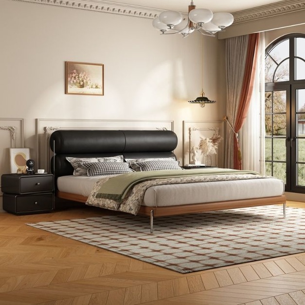 【米思婭系列】極簡風頭層真皮大床 臥室家用白蠟木床邊雙人床