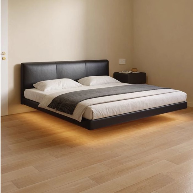 【雲貝蓓系列】極簡風懸浮舒適軟包床 簡約臥室帶燈帶頭層真皮床