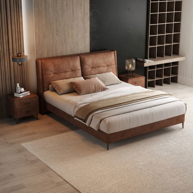 【萊典系列】簡約軟包舒適生態真皮大床中古風主卧雙人床齊邊床