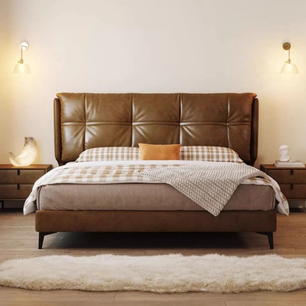 【雲貝蓓系列】極簡風雲卷雲舒床 臥室簡約生態油蠟真皮齊邊床