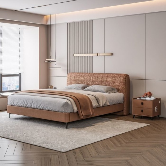 【摩登奢居系列】意式極簡風皮布結合軟包雙人床簡約臥室齊邊床