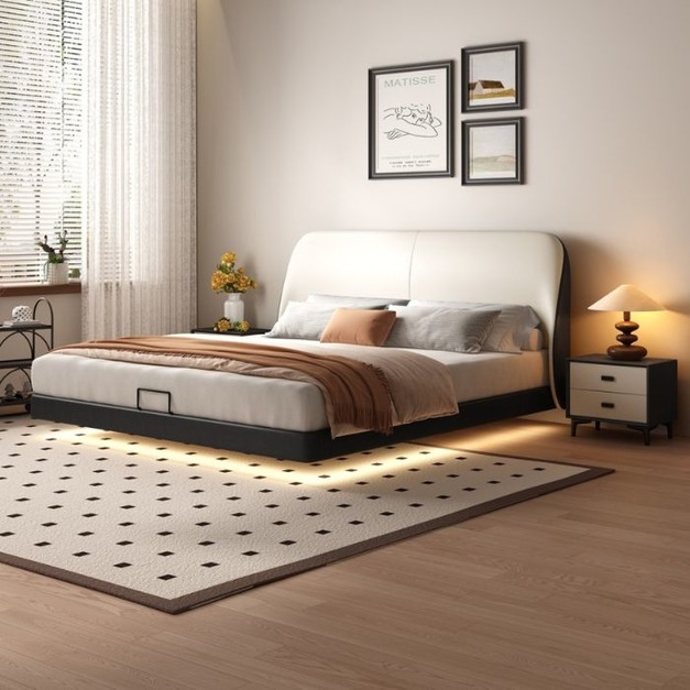 【哥斯圖系列】中古風系列 復古拼色油蠟皮軟包大床大小戶型臥室懸浮齊邊床