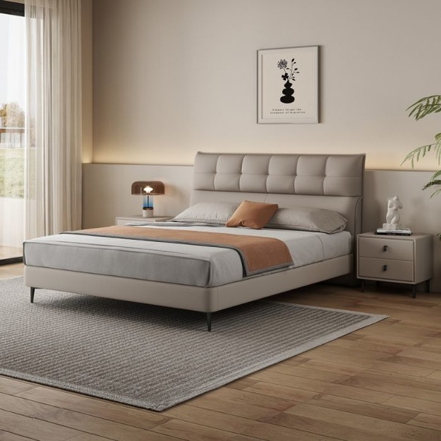 【萊典系列】意式簡約荔枝紋頭層真皮床極簡風臥室軟包床雙人大床