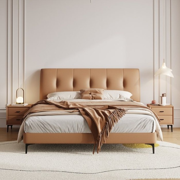 【心愛之家系列】頭層牛皮床系列 極簡主卧雙人床奶油風真皮軟床齊邊床