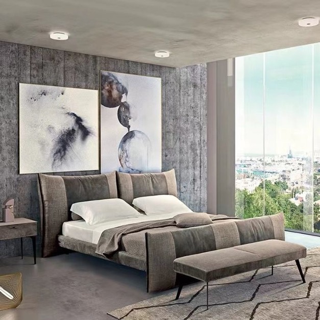 【NLOOK系列】極簡棉麻配磨砂皮簡約雙人羽絨靠背軟包大床