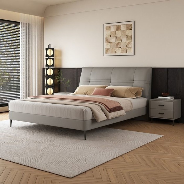 【萊典系列】 意式極簡風頭層真皮床 時尚簡約臥室齊邊齊尾荔枝紋雙人床