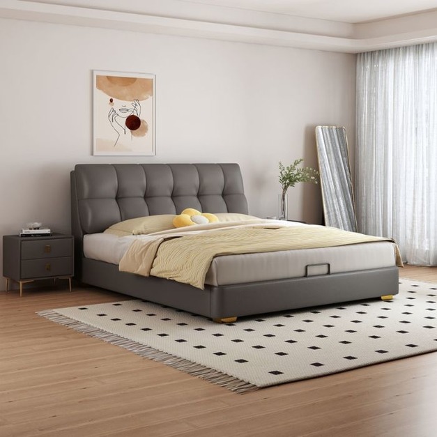 【萊典系列】輕奢時尚頭層真皮軟包雙人床臥室齊邊齊尾大床