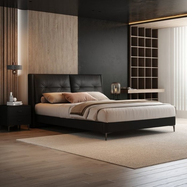 【萊典系列】簡約軟包舒適生態真皮大床意式極簡主卧雙人床齊邊床