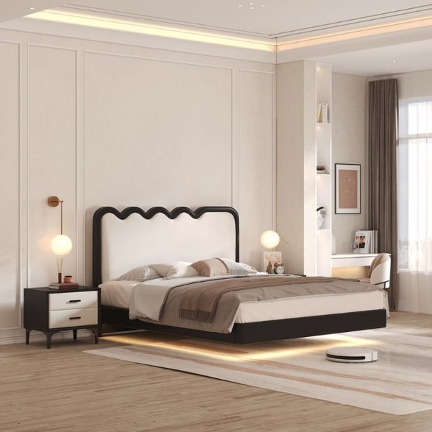 【萊典系列】極簡創意波浪懸浮生態真皮軟床高端大氣軟包主卧齊邊床