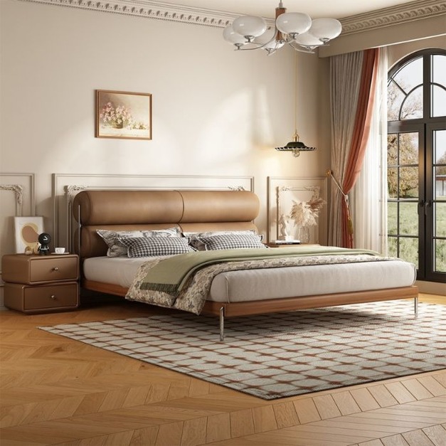 【米思婭系列】極簡風頭層真皮大床 臥室家用白蠟木床邊雙人床