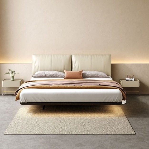 【萊典系列】臥室極簡感應燈雙人床時尚白蠟木模擬皮懸浮床