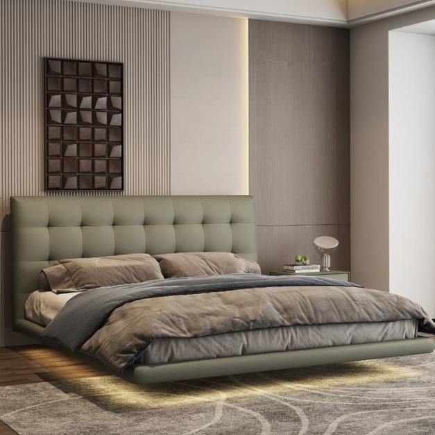 【摩登奢居系列】意式極簡大小戶型懸浮雙人床簡約頭層黃牛皮軟包床齊邊齊尾床  購買需知：帶燈帶