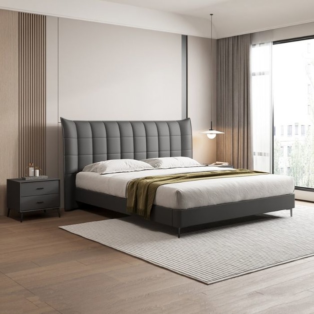 【摩登奢居系列】極簡風格主臥室進口頭層黃牛皮軟床高腳雙人床齊邊齊尾床