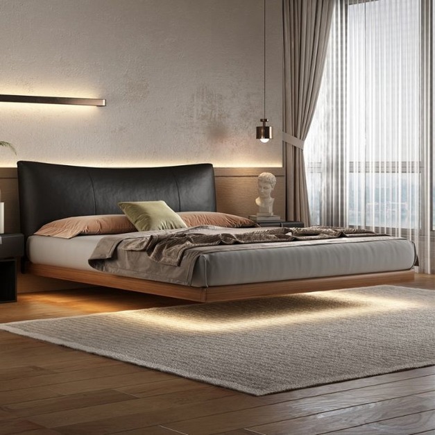 【米思婭系列】極簡風生態真皮雙人床 臥室簡約白蠟木床邊懸浮床