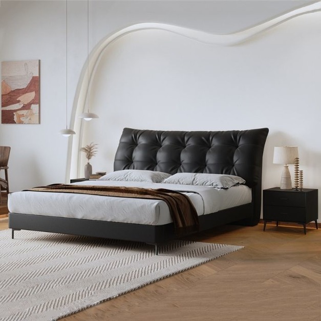 【摩登奢居系列】設計師款-大黑熊床 時尚簡約頭層真皮荔枝紋床極簡臥室雙人床齊邊床